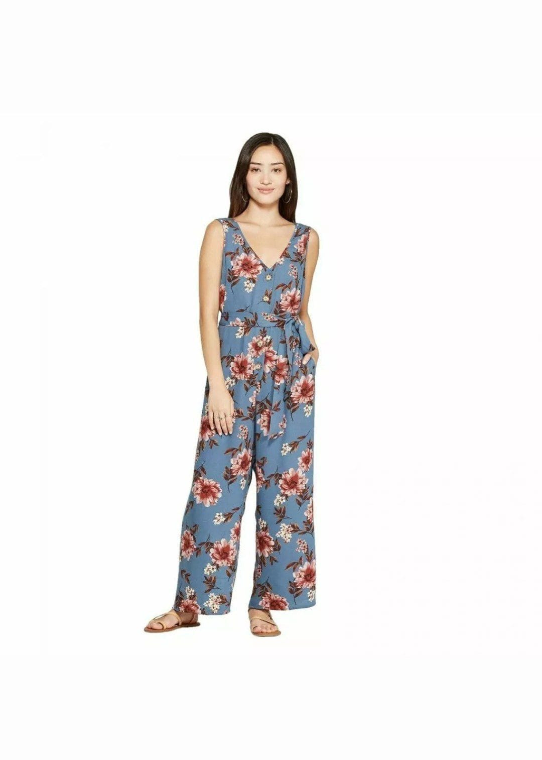 Women's Floral Print Sleeveless Deep V-Neck Belted Button-Front Jumpsuit. Size Small