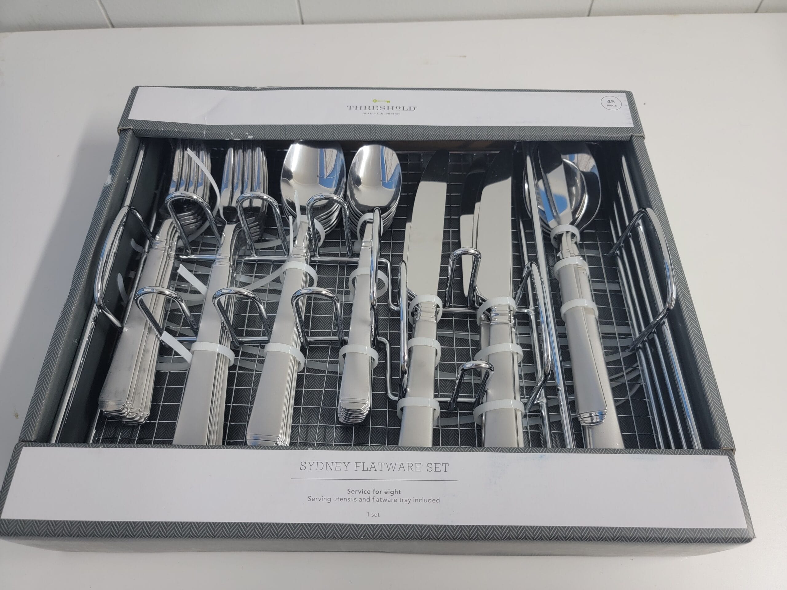 45pc Stainless Steel Sydney Sand Silverware Set with Caddy - Threshold