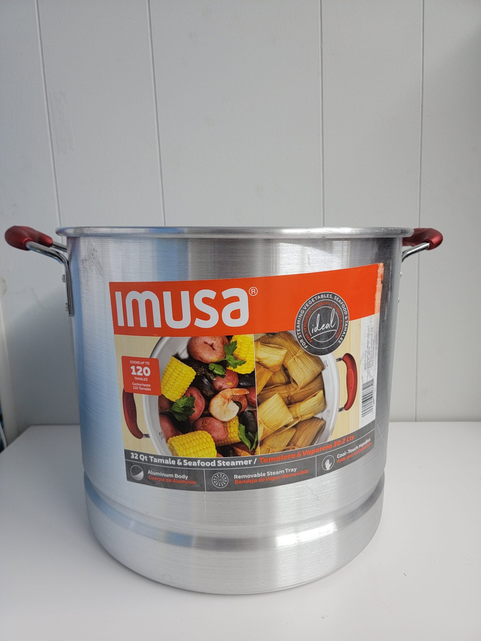 IMUSA 32qt Aluminum Tamale/Seafood Steamer with Ruby Red Handles & Glass Lid