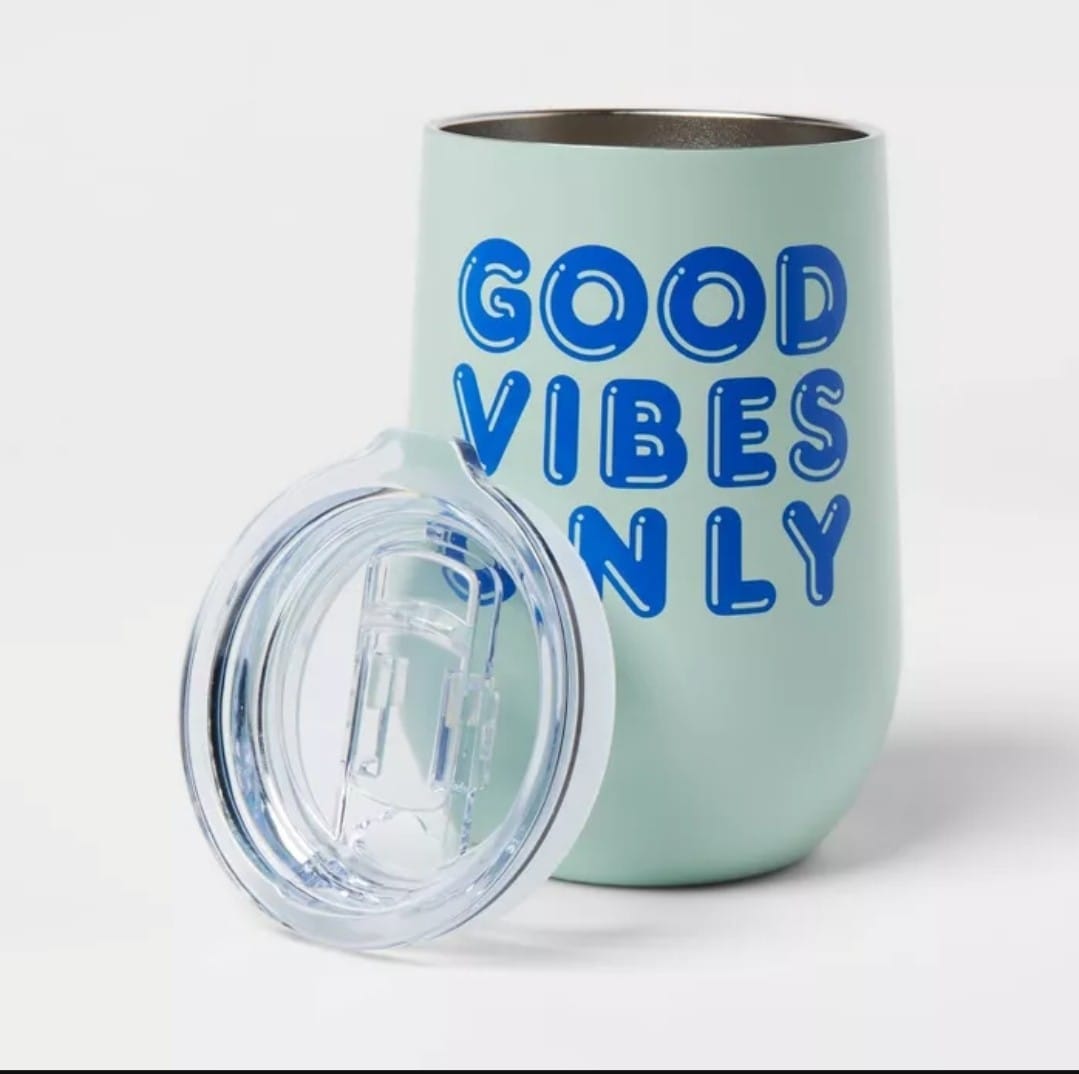 11oz Stainless Steel Vacuum Wine Tumbler with SAN Slide Lid Good Vibes Only - Room Essentials 11oz Stainless Steel Vacuum Wine Tumbler with SAN Slide Lid Good Vibes Only - Room Essentials