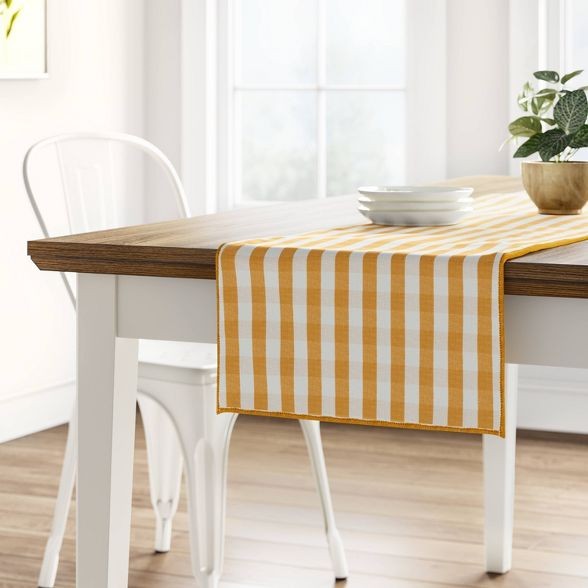 108" x 14" Cotton Gingham Check Table Runner Yellow - Threshold