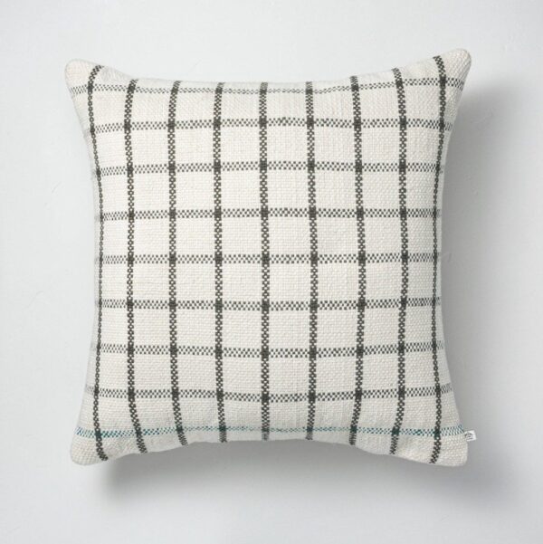 24" x 24" Windowpane Plaid Indoor/Outdoor Throw Pillow Gray/Teal/Cream - Hearth & Hand with Magnolia