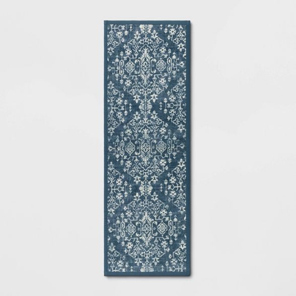 60" x 20" Vintage Print Comfort Kitchen Runner Rug Blue - Threshold