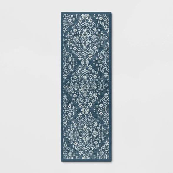 60" x 20" Vintage Print Comfort Kitchen Runner Rug Blue - Threshold