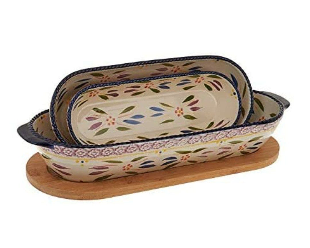 Temp-tations Old World Set of 3 Oval Nesting Bakers w/ Wooden Lid