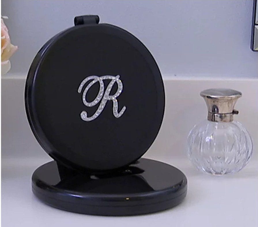 Black Dual Magnifying Mirror w/ Crystal Initial by Lori Greiner